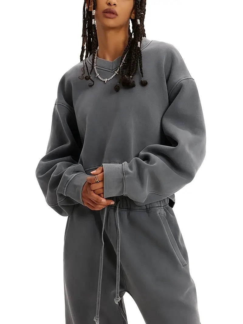 Damen Boxy-Sweatshirt mit überschnittener Schulter, verlängertem Rückenteil und brushed Fleece Drune