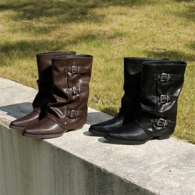 Damen Mid-Calf Stiefel mit spitzer Zehenpartie, dreifachen Zierschnallen und leichtem Blockabsatz Drune