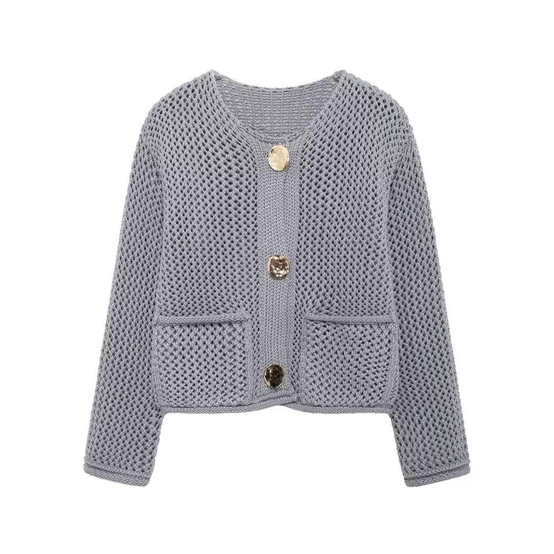 Damen Netzstrickjacke mit praktischen Taschen und dekorativen Knöpfen Drune