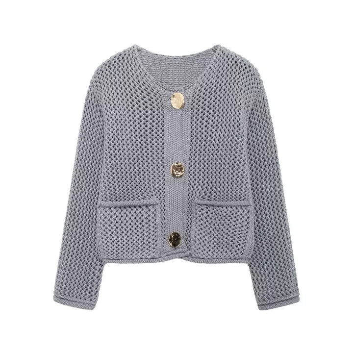 Damen Netzstrickjacke mit praktischen Taschen und dekorativen Knöpfen Drune