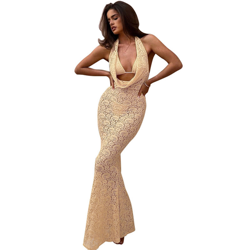 Damen Elegantes langes Spitzenkleid mit tiefem V-Ausschnitt und offenem Rücken Drune