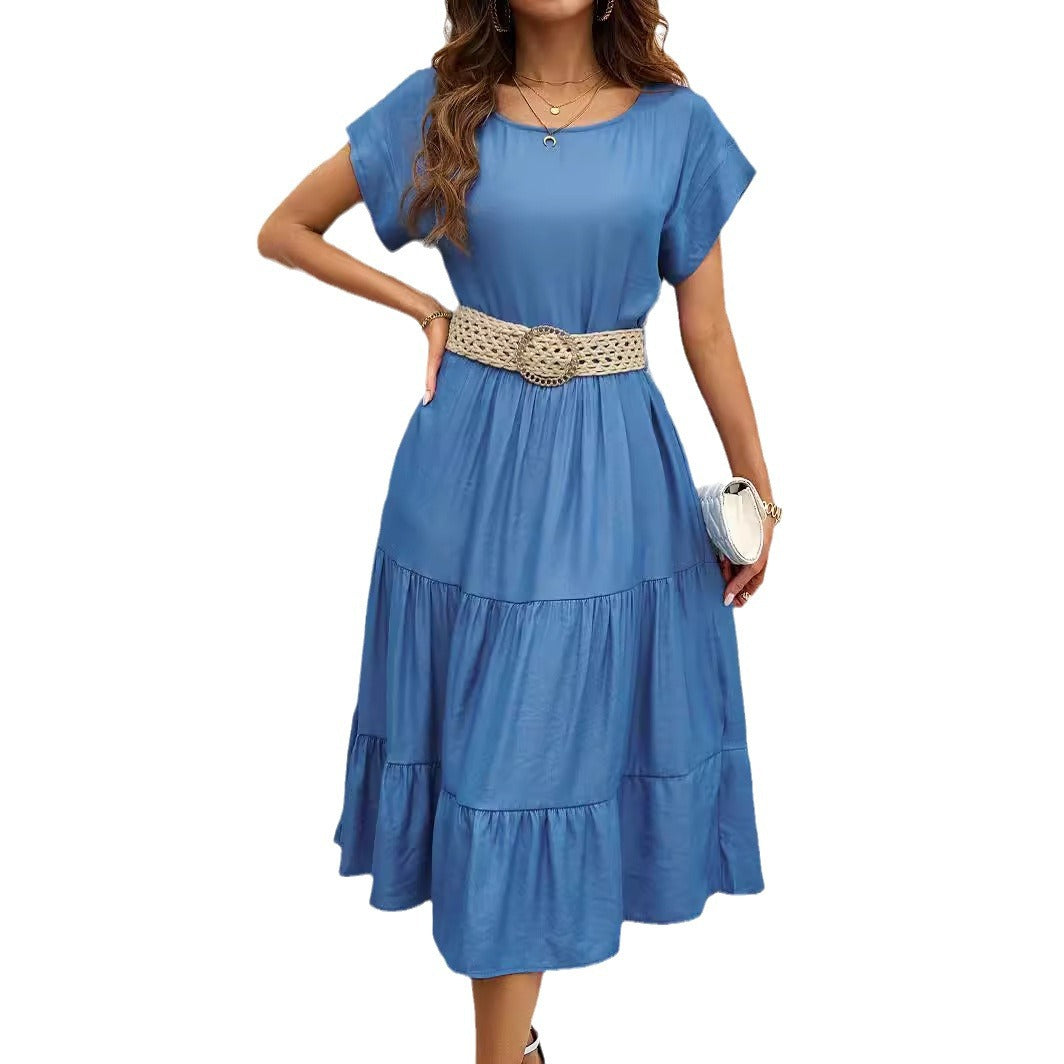Damen lässiges Midi-Kleid mit elegantem Volant und taillierbarem Gürtel Drune