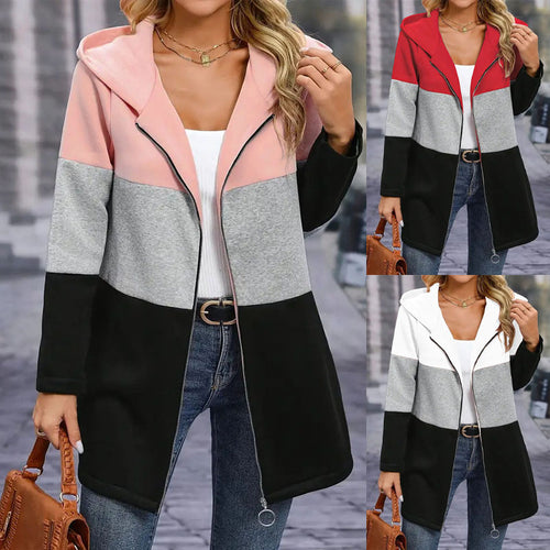 Damen Kapuzen-Farbblock-Mantel mit durchgehendem Reißverschluss, oversized Schnitt und mittellanger Silhouette Drune