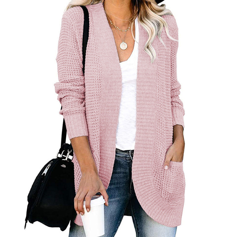 Damen Langer Offener Strickcardigan mit Taschen, Rippbündchen und strukturierter Waffeloptik Drune
