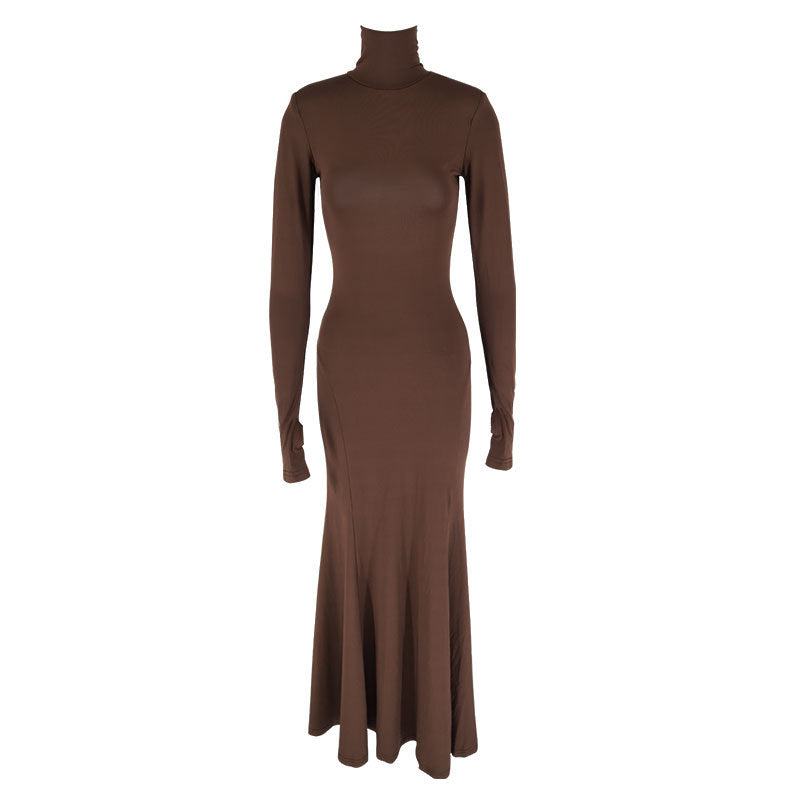 Damen figurbetontes Maxikleid mit hohem Kragen und langen Ärmeln Drune