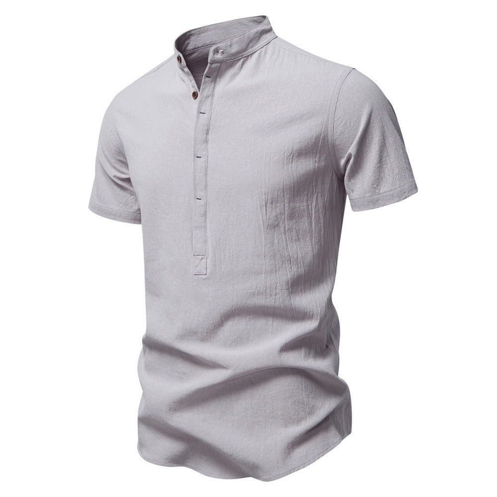 Herren nan lässiges Kurzarmshirt mit Stehkragen, halber Knopfleiste und leicht strukturierter Baumwoll-Leinen-Qualität Drune