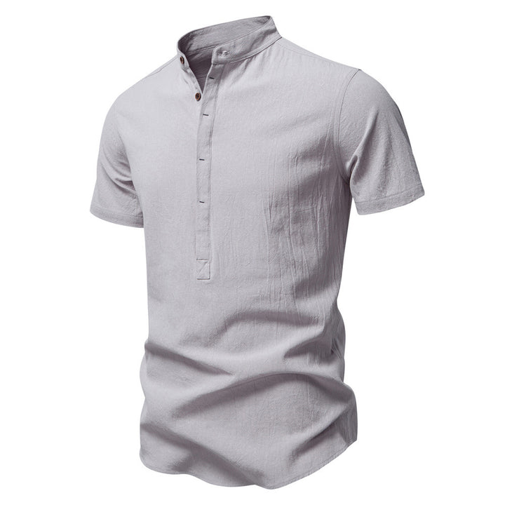 Herren nan lässiges Kurzarmshirt mit Stehkragen, halber Knopfleiste und leicht strukturierter Baumwoll-Leinen-Qualität Drune