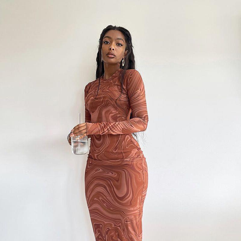 Damen Elegantes Langarmkleid mit modernem Marmormuster und Figurbetontem Schnitt Drune