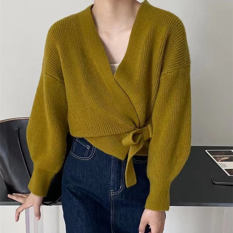 Damen Wickeljacke mit breiten Ärmeln und Taillenknoten Drune