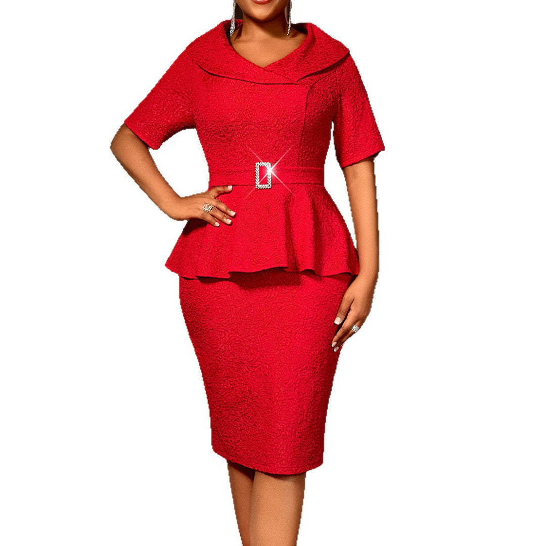 Damen Elegantes Peplum-Kleid mit schickem Kragen und glitzerndem Gürteldetail Drune