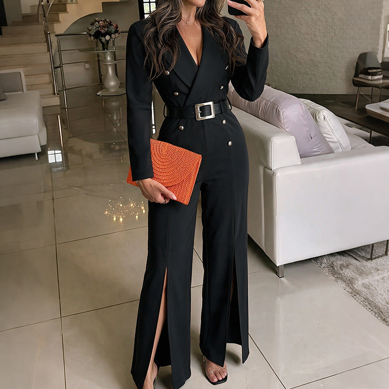 Damen Eleganter Jumpsuit mit Gürtel und Schlitz Drune