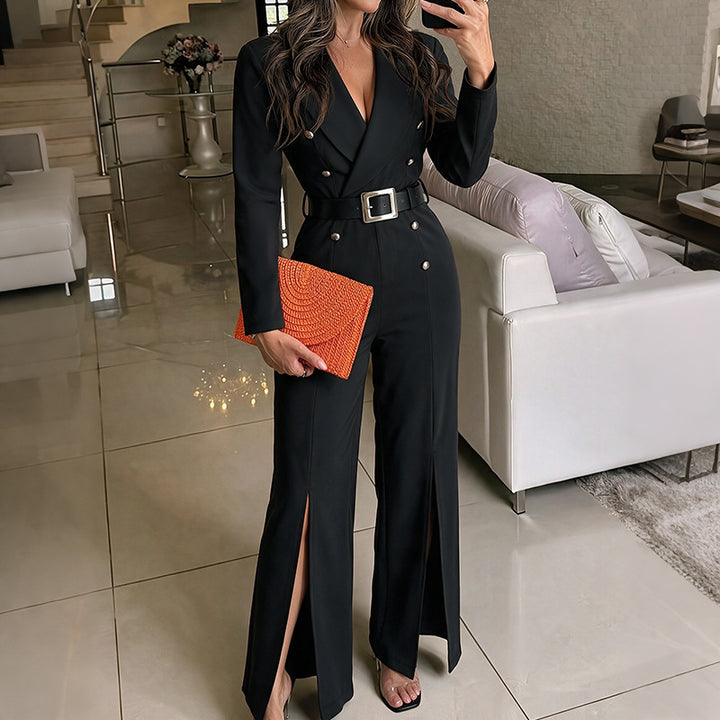 Damen Eleganter Jumpsuit mit Gürtel und Schlitz Drune