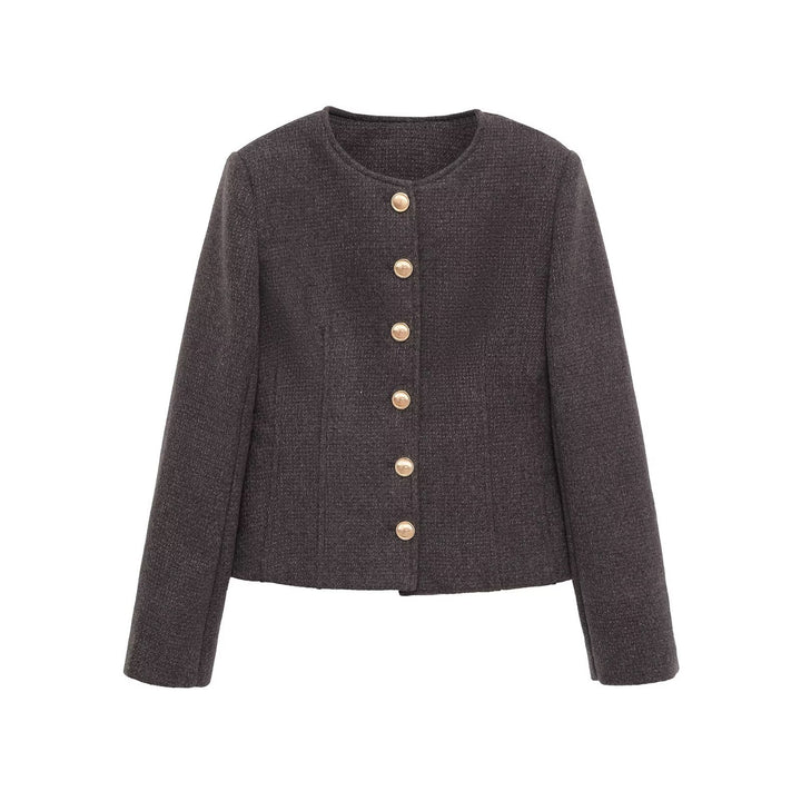 Damen Kurzblazer aus Bouclé mit Rundhals und goldenen Zierknöpfen Drune