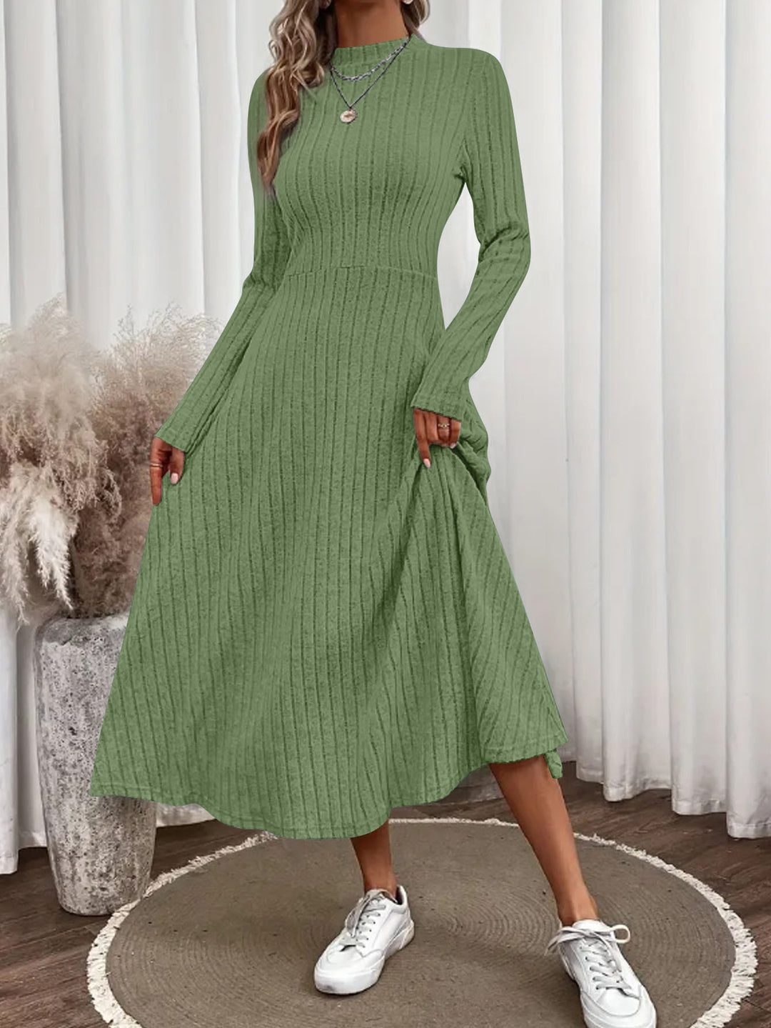 Damen Geripptes Strickmidikleid mit hohem Stehkragen und taillierter A-Linie Drune