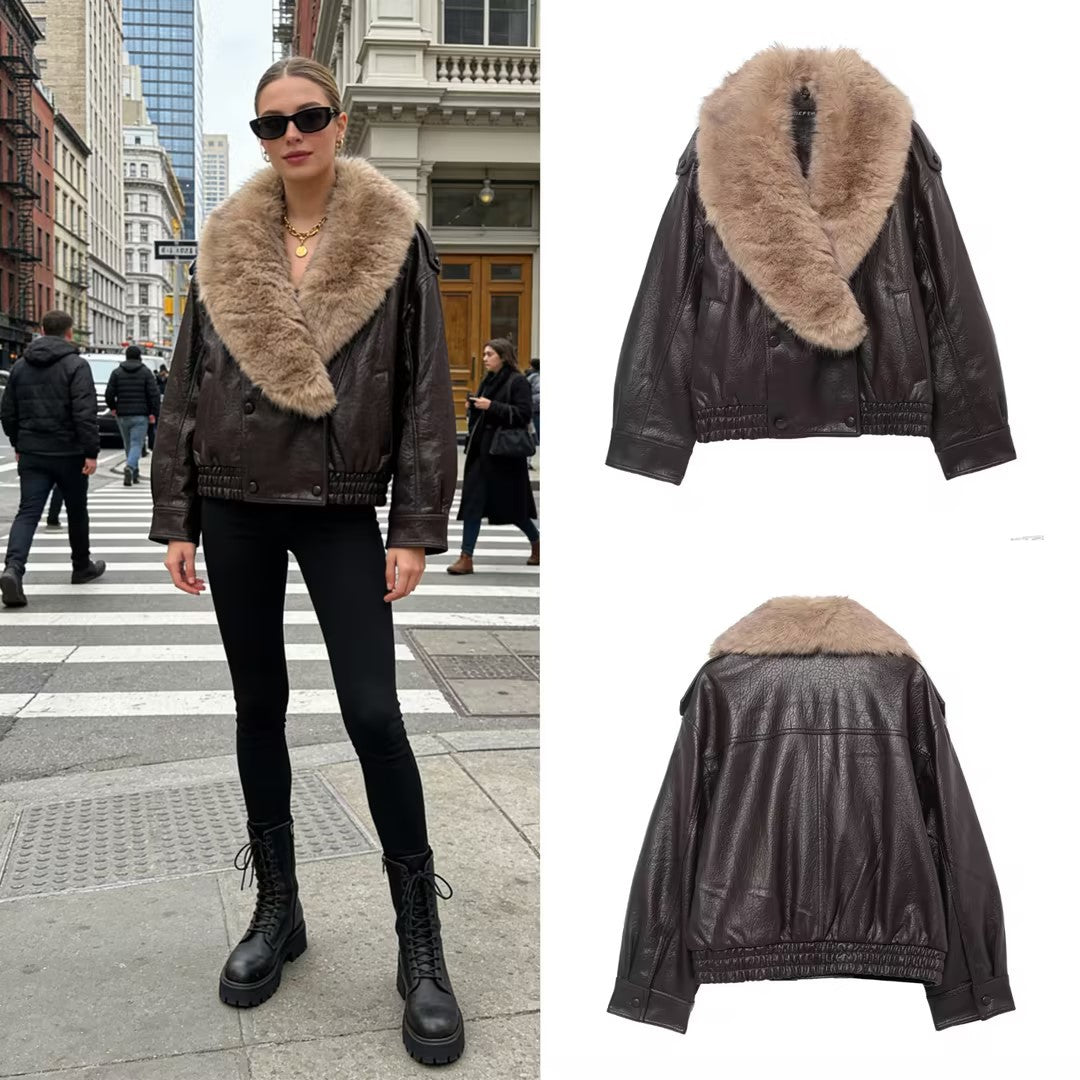 Damen Cropped Lederblouson mit voluminösem Pelzkragen und Taillen-Smock Drune