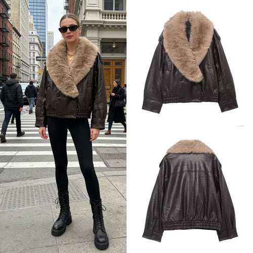 Damen Cropped Lederblouson mit voluminösem Pelzkragen und Taillen-Smock Drune