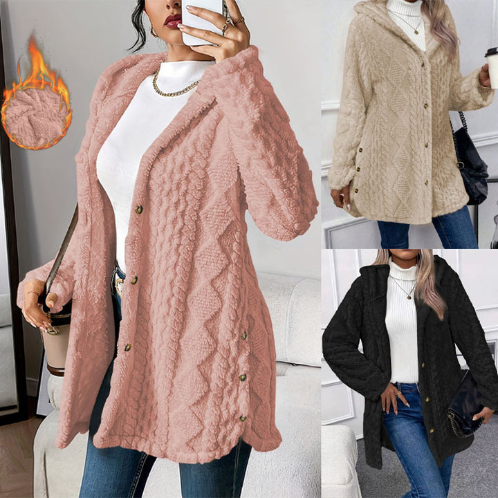 Damen Oversize Strickmantel mit Kapuze, Jacquard‑Struktur und Knopfleiste Drune