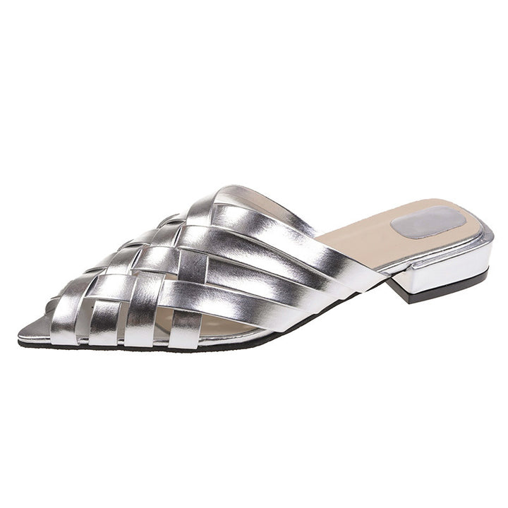 Damen Gewebe Spitz-Zehen Slide Mules mit Dickem Absatz Drune