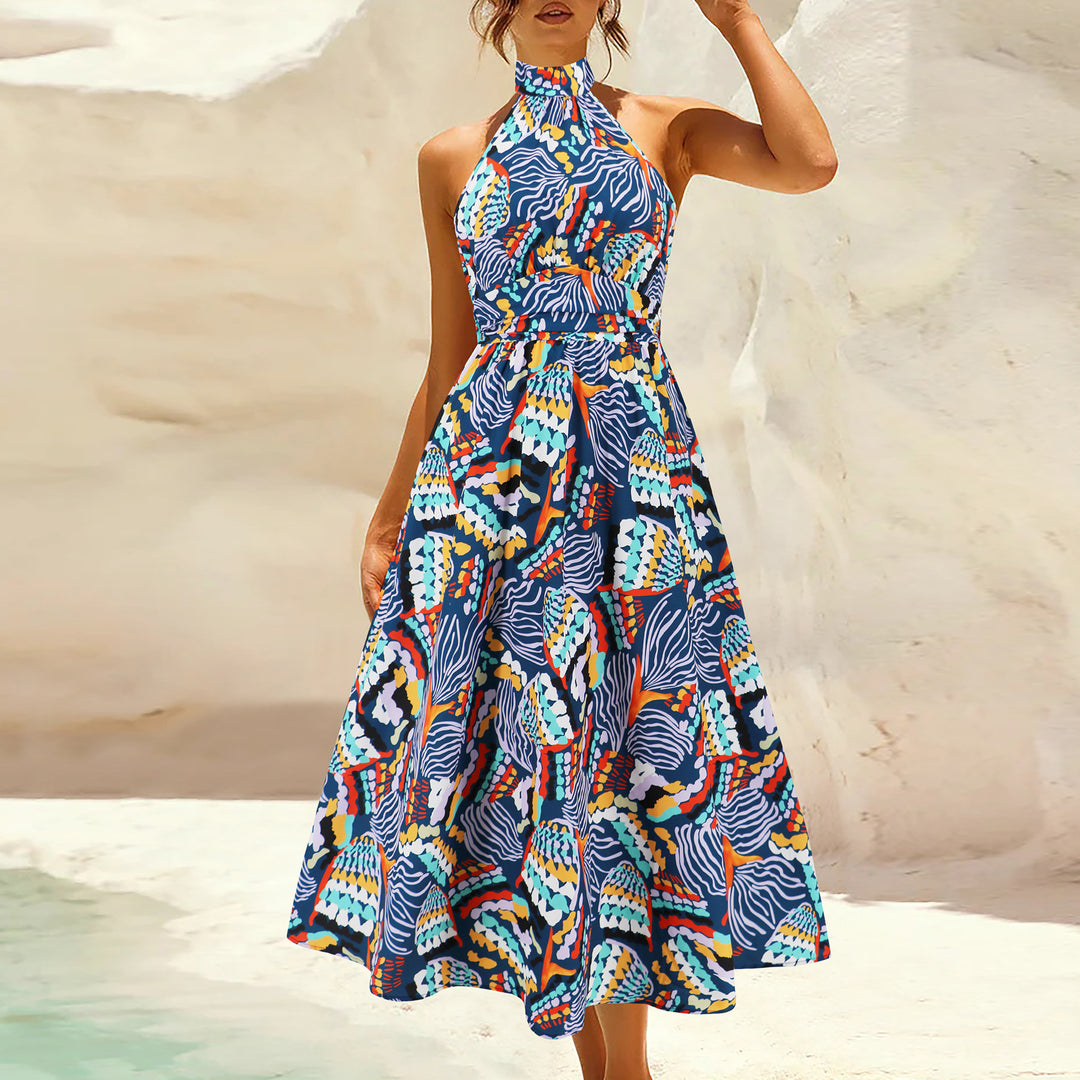Damen Maxikleid mit hochgeschlossenem Kragen und buntem Blätterdruck Drune