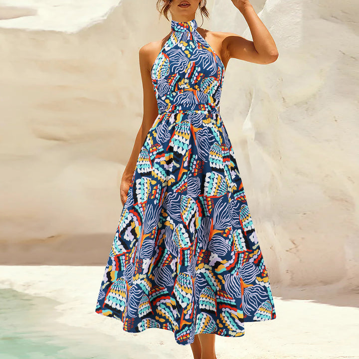 Damen Maxikleid mit hochgeschlossenem Kragen und buntem Blätterdruck Drune