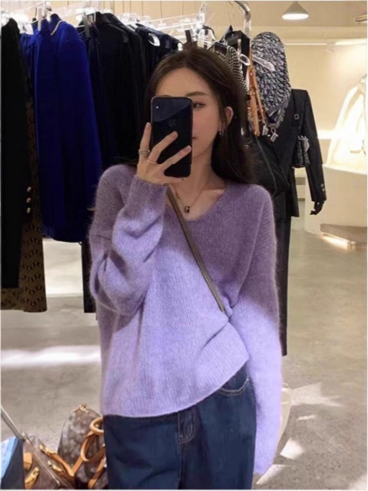Damen Oversize V‑Ausschnitt Mohair‑Look Pullover mit Angora‑Optik und überschnittener Schulter Drune