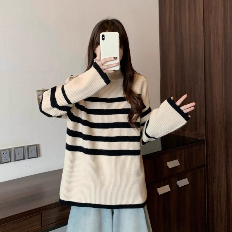 Damen Modischer Strickpullover mit asymmetrischem Kragen und Streifenmuster Drune