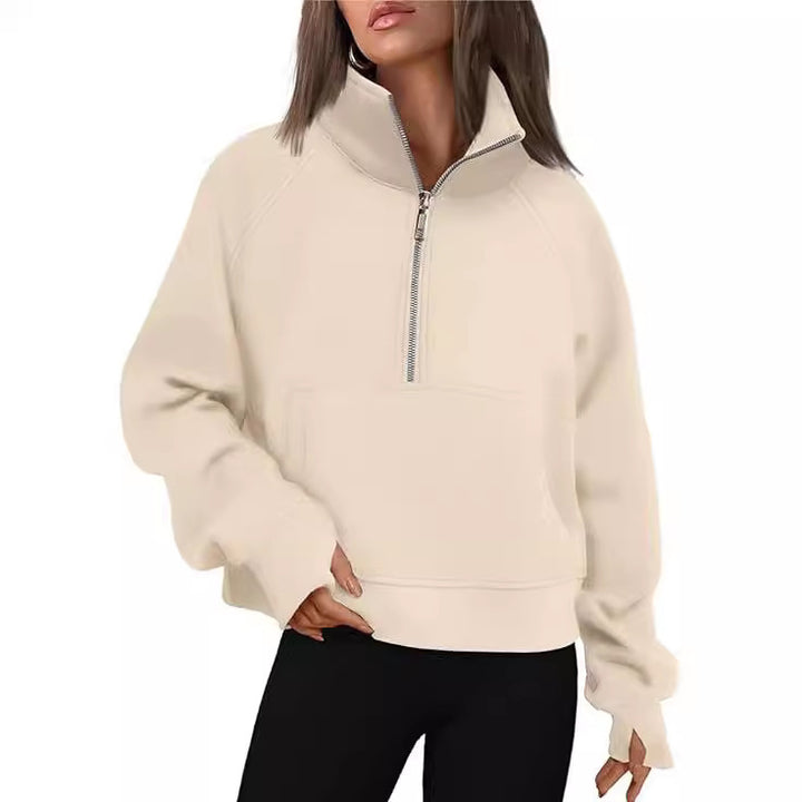 Damen nan cropped Halbzip-Sweatshirt mit hohem Stehkragen, Kängurutasche und überschnittener Schulter Drune