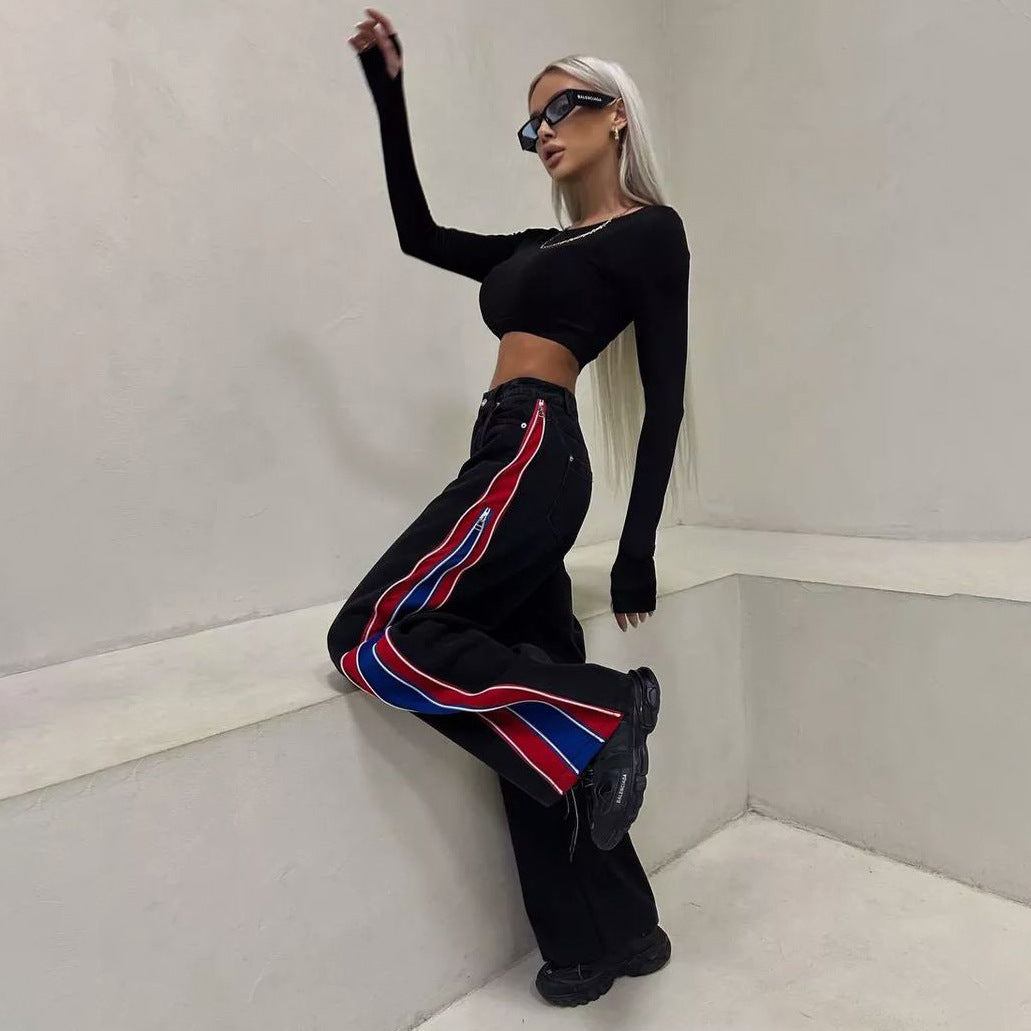 Damen Sportliches Crop-Top mit langen Ärmeln und farbigen Seitenstreifen Drune