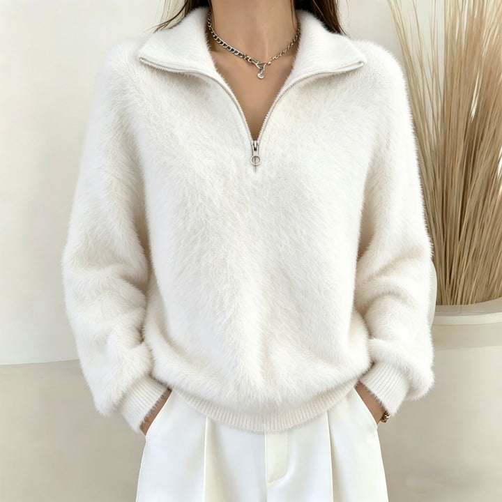 Damen Flauschiger Halbzipp-Pullover mit Stehkragen Drune