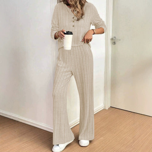 Damen Gerippter Komfort-Zweiteiler mit Henley-Oberteil und weiter Palazzo-Strickhose Drune