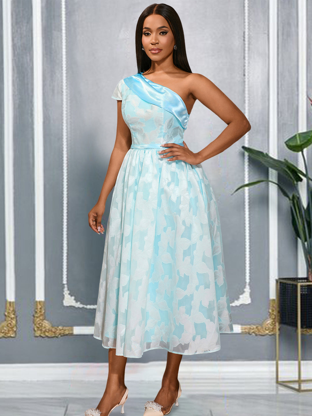 Damen Chiffon Abendkleid mit asymmetrischem Ausschnitt Drune