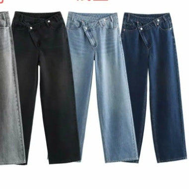 Damen 20+ weite High‑Waist Denim‑Palazzo‑Jeans mit asymmetrischem Bunddetail Drune