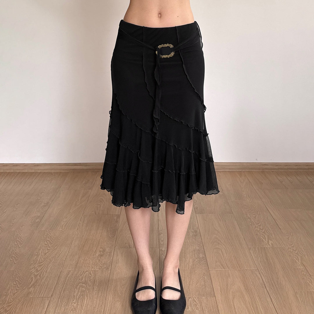 Damen Midirock aus Chiffon mit Lagen, asymmetrischen Nahtbahnen und Ziergürtel Drune
