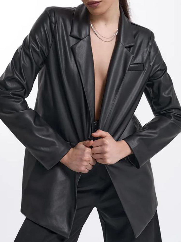 Damen minimalistische und elegante Kunstleder Blazer Drune