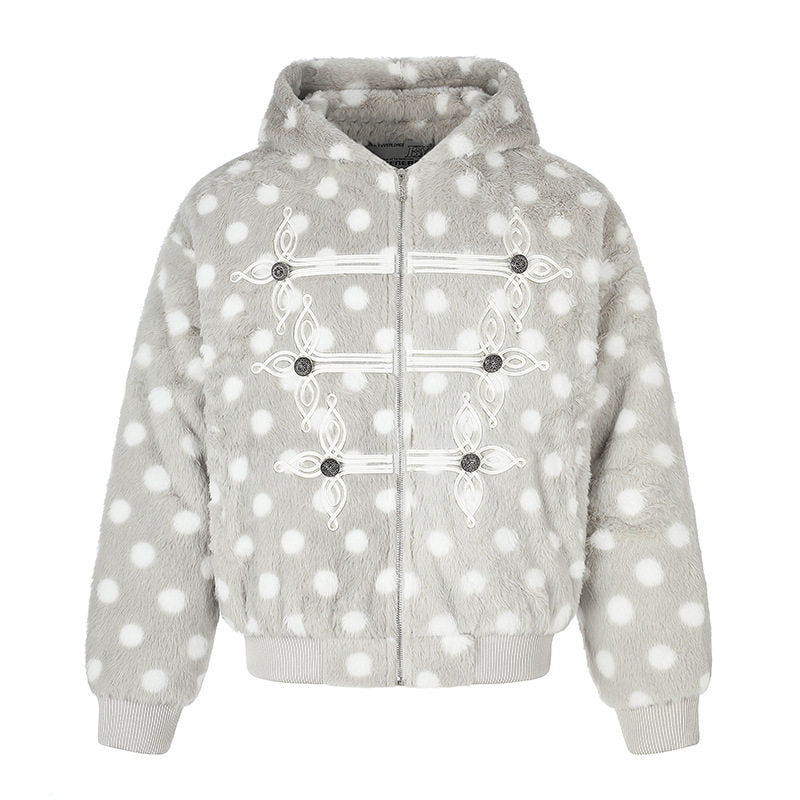 Damen Kapuzen-Fleecejacke im Bomberstil mit Polka‑Dot und dekorativen Froschknopf-Details Drune