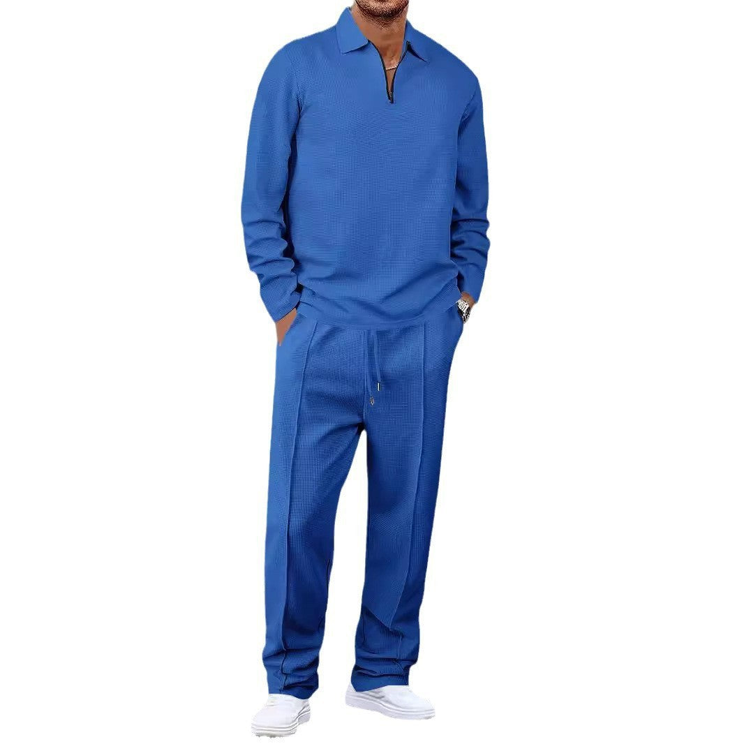 Unisex nan Waffelstruktur Freizeit-Set mit Halbzip-Poloshirt und elastischer Bundhose Drune