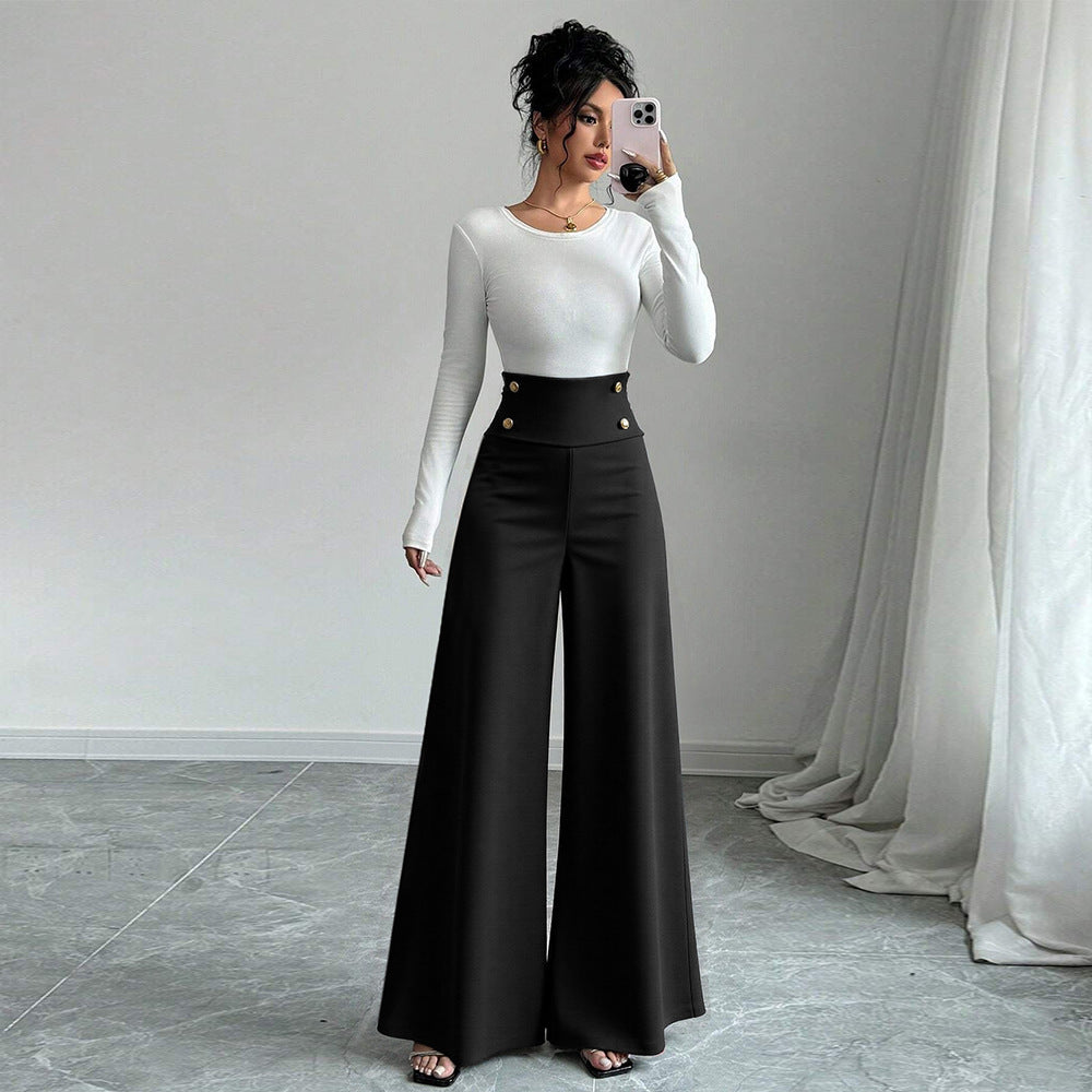 Damen Weite Palazzo-Hose mit hoch tailliertem Bund und dekorativen Knopfdetails Drune