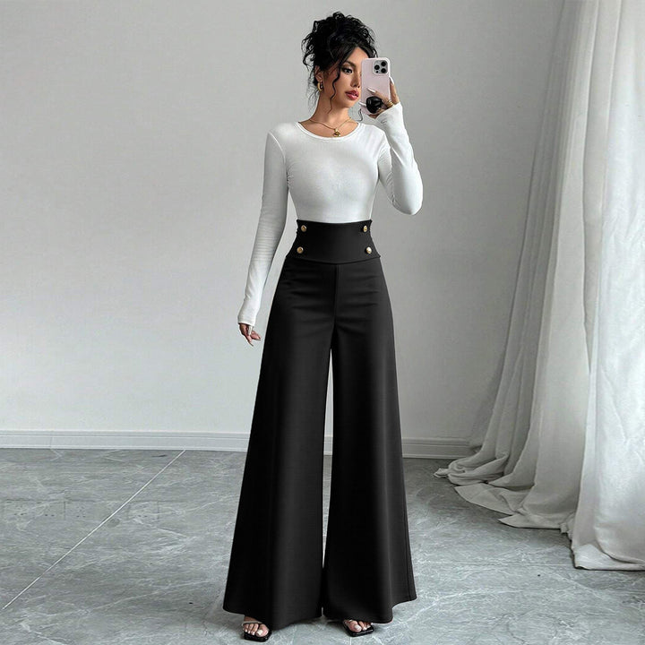 Damen Weite Palazzo-Hose mit hoch tailliertem Bund und dekorativen Knopfdetails Drune
