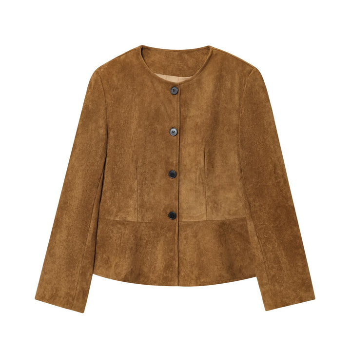 Damen elegante Kunstlederjacke mit knopfbeschichtetem Design Drune