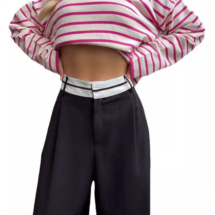 Damen Hochtaillierte weite Bundfaltenhose mit Kontrastbund Drune