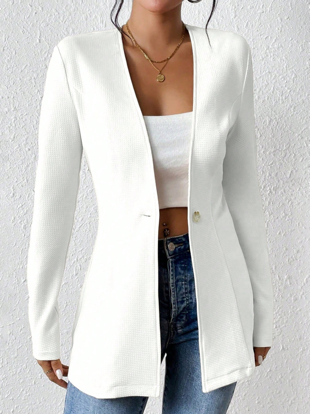 Damen Taillierter kragenloser Longblazer mit Ein-Knopf-Verschluss Drune