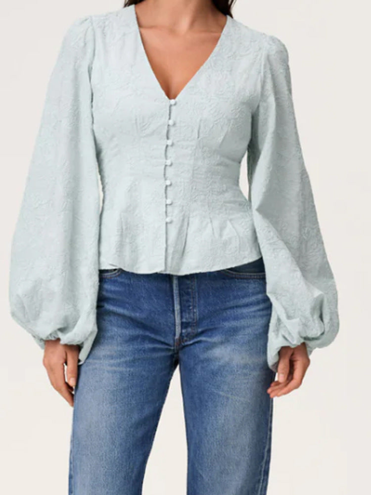 Damen Jacquard-Spitzenbluse mit tailliertem Schößchen und Ballonärmeln Drune