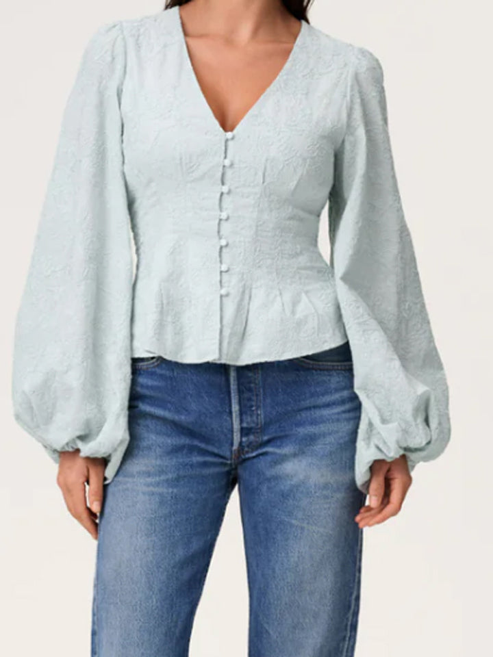 Damen Jacquard-Spitzenbluse mit tailliertem Schößchen und Ballonärmeln Drune