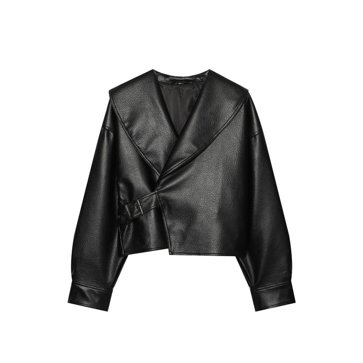 Damen Cropped Kunstlederblouson mit großem Schalkragen und Taillenband Drune