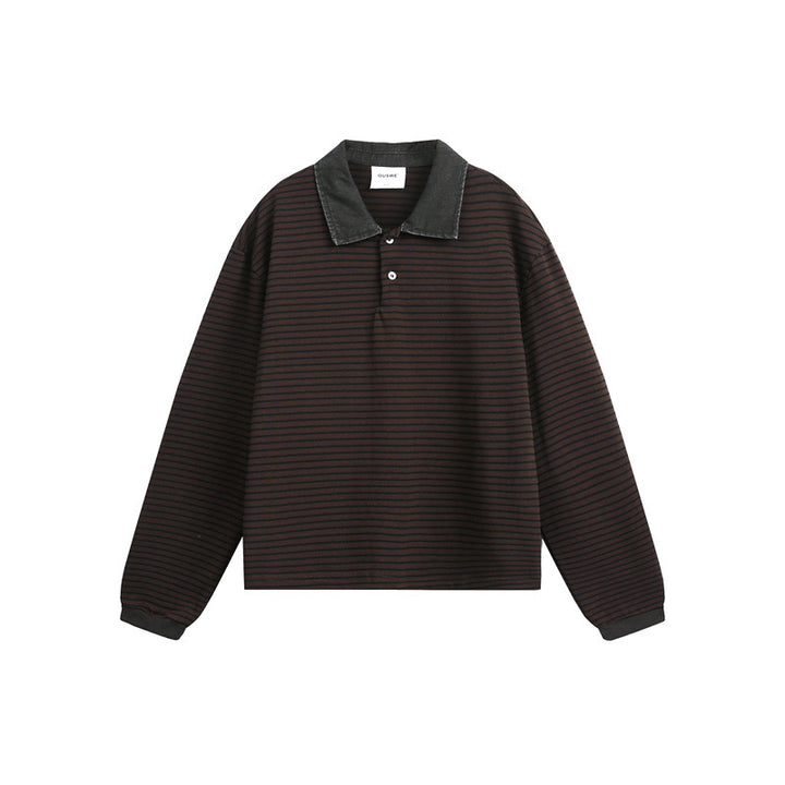 Unisex Relaxed-Rugby-Poloshirt mit Cordkragen und feinem Ringelstrick Drune