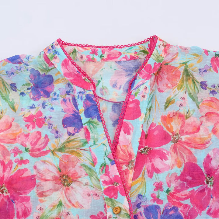 Damen Leichte Blumenbluse mit Stehkragen und dreiviertel Glockenärmeln Drune
