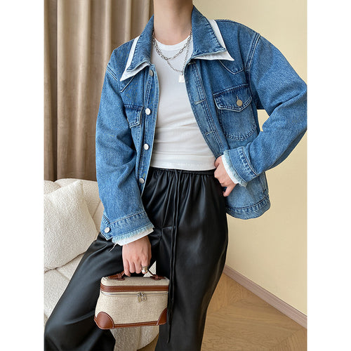 Damen Jeansjacke im modernen Oversized-Stil mit luxuriösem Kragen und seitlichen Taschen Drune