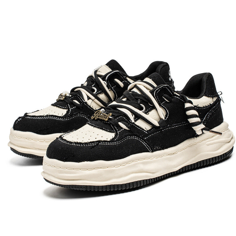 Damen denim-Plateau-Sneaker mit kontrastnähten, wattierter Wellenlaufsohle und verzierten Schnürdetails Drune
