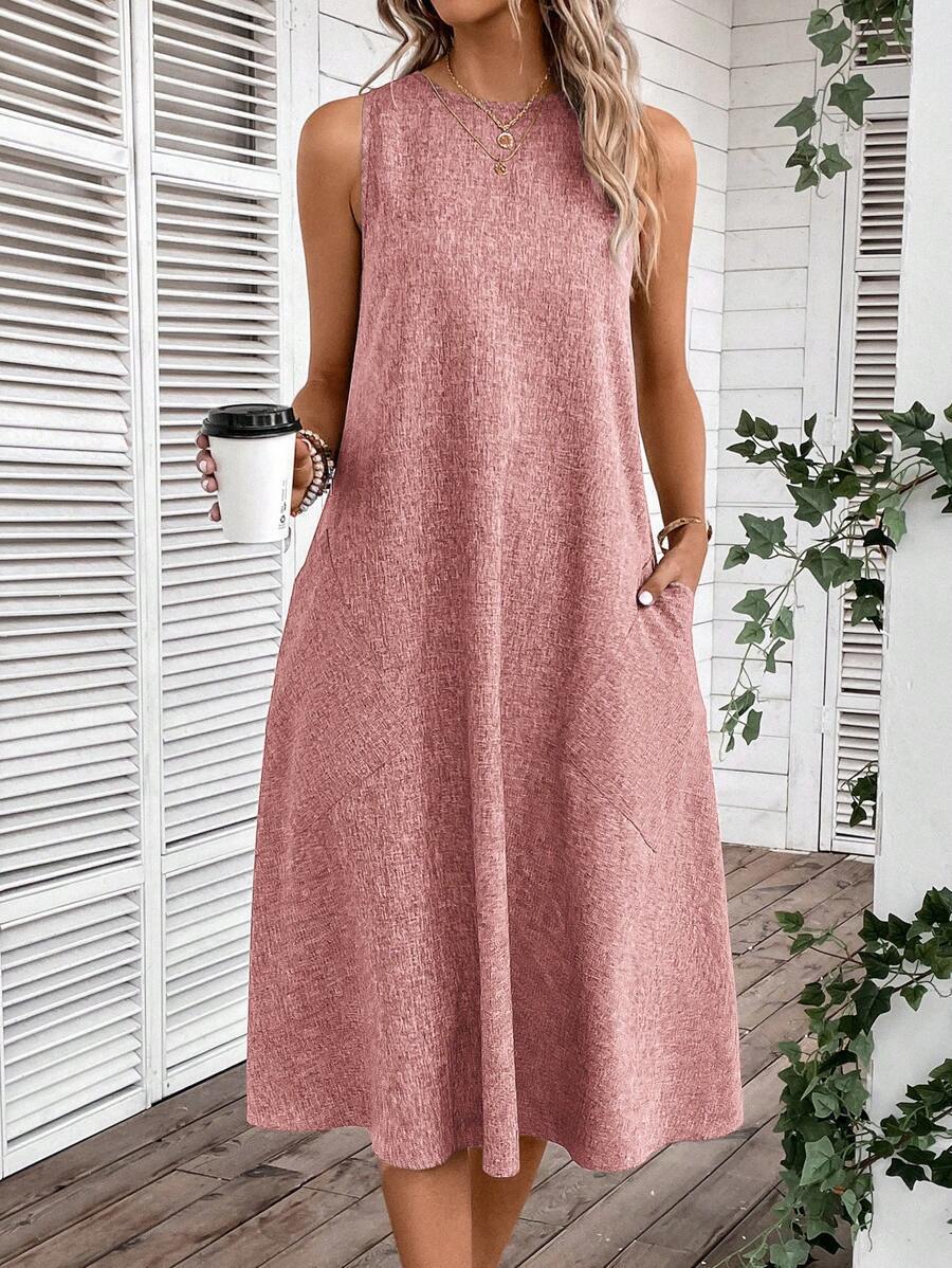 Damen lässiges Midi-Kleid mit tiefem Ausschnitt und praktischen Taschen Drune