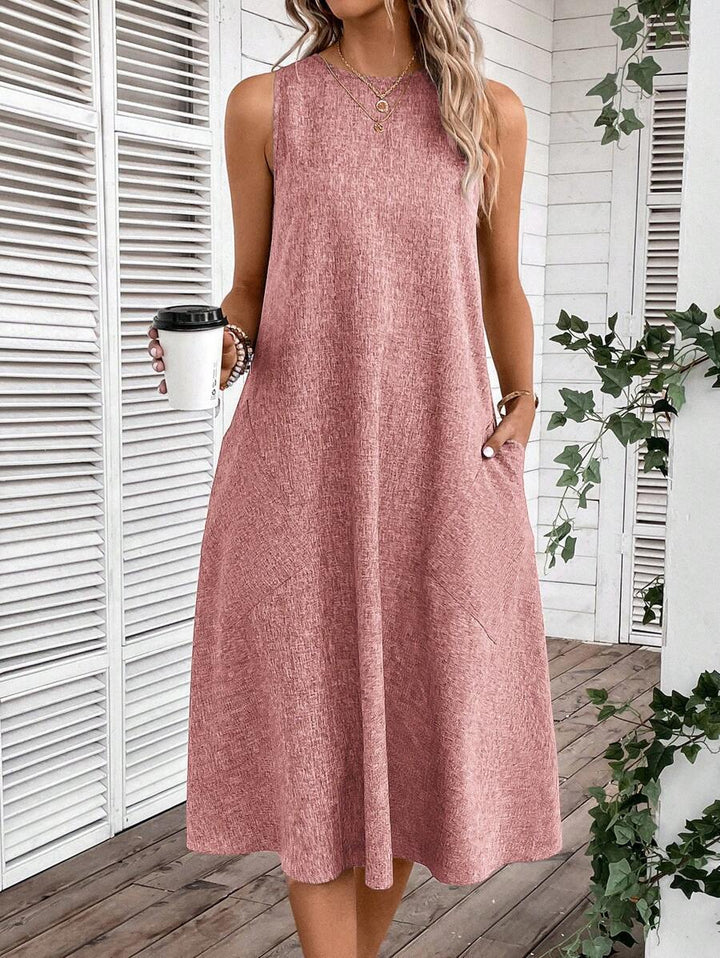 Damen lässiges Midi-Kleid mit tiefem Ausschnitt und praktischen Taschen Drune